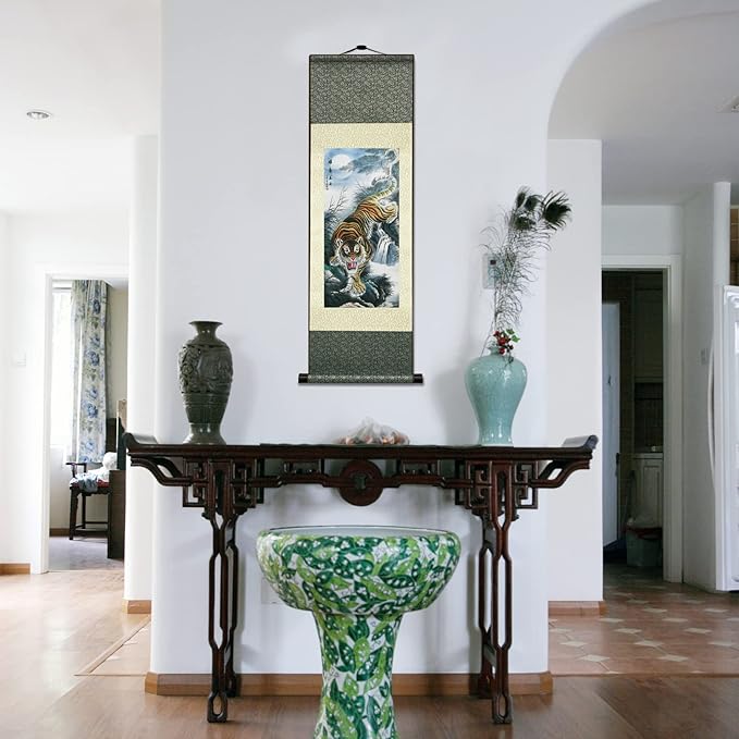 AtfArt Asian Wall Decor Beautiful Silk Scroll Painting Animal - Tiger King Deterrence - Angry Tiger Oriental Decor Chinese Art Wall Hanging Painting Scroll (36.2 x 12 in)