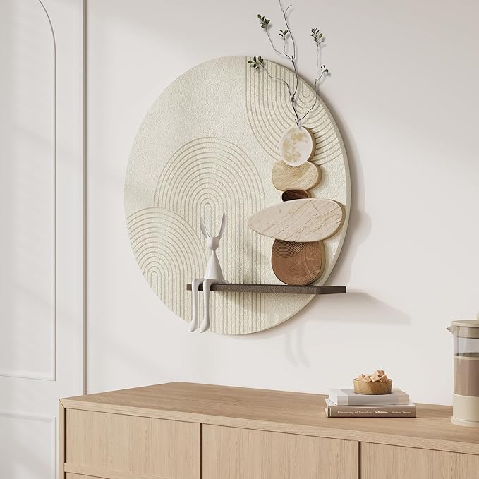 3D Textured Neutral Abstract Wall Art Decor With Shelf, Boho Beige and Brown Artwork for Walls With Green Accent, Modern Minimalist Wall Decor for Living Room, Hallway, Kitchen, Bedroom, Office, 24x24