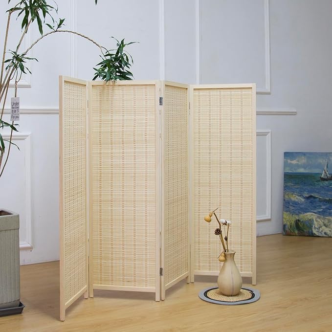 4 Panel Room Divider Short Folding Screen Divider,Double Sided Bamboo Divider Screen for Room Separation,Beige,47.2" H x 61.4" W