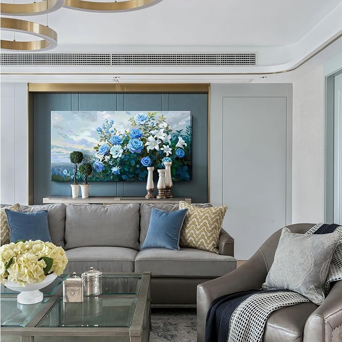 Nicetop Large Floral Canvas Wall Art - Modern Botanical Artwork Abstract Blue Rose White Lily Flower Bouquet Art Prints on Wrapped Canvas Nature Picture for Living Room Bedroom Home Decor 48x24 Inch