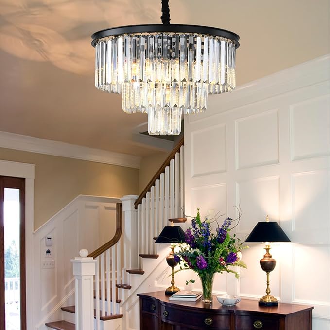 Black Modern Crystal Chandelier Lighting K9 Crystal Round Chandelier Hanging Ceiling Light Fixture 3-Tier Contemporary Crystal Pendant Light for Dining Room Living Room Bedroom 21.68inch