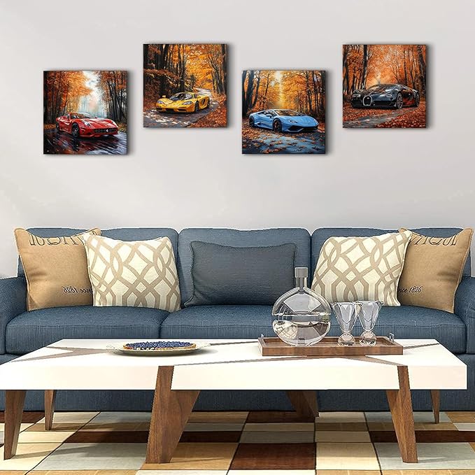Lamborghini Wall Art Cool Car Posters for Boys Room Decor Rustic Fall Nature Forest Pictures with Sports Vehicle Painting Canvas Print Artwork Living Room Bedroom Office Dorm Home Decoration 12x12" 4P