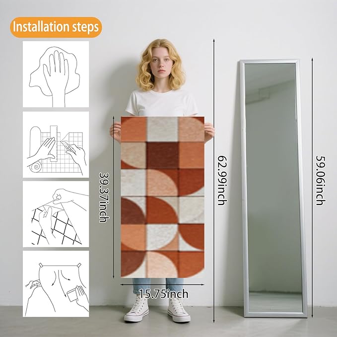 Nuxovilar Terracotta Checkered Tile Textured Peel and Stick Wallpaper, 15.75"x39.37", Self-Adhesive Contact Paper, Retro Plaid Style for Bedroom, Living Room and Table Decor