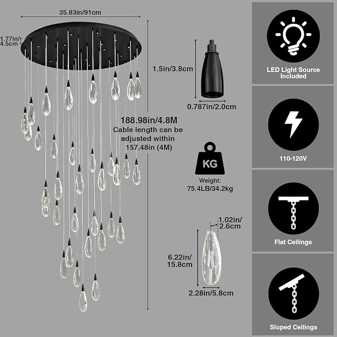 189" Luxury Long Crystal Chandelier, 43-Light Modern Black Raindrop Staircase Chandelier, Contemporary 4000K Dimmable Flush Mount Light Fixture for Foyer, Entryway, Living Room, High Ceilings