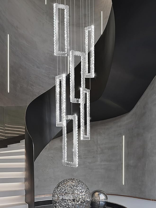 Modern Chandelier 6 Rings Silver Chandelier Lighting Fixture High Ceiling Chandelier Suitable for Living Room Staircase Villa