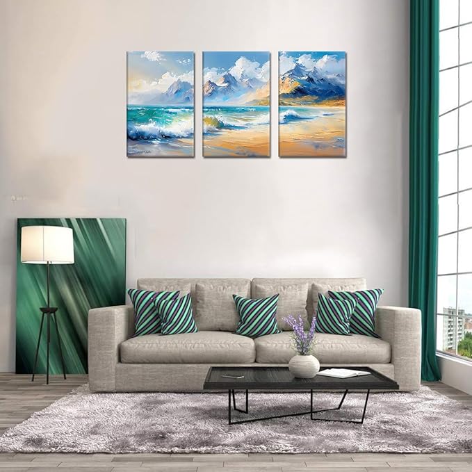 MAMAGO Large Modern Beach Wall Art 3 Pieces Blue Sea Canvas Print Poster Abstract Coastal Ocean Waves Painting for Bedroom Office Framed Wall Decor Ready to Hang-24”x36”x3pcs