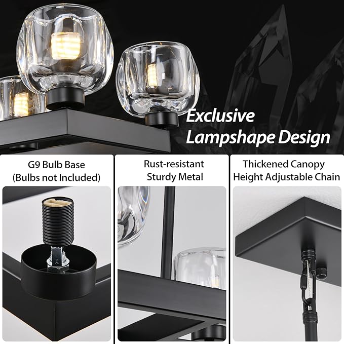 59 Inch Black Rectangle Wagon Wheel Chandeliers, Black Chandelier for Dining Room Over Table, Modern Crystal Long Chandelier, Farmhouse Large Linear Chandeliers for Kitchen Island