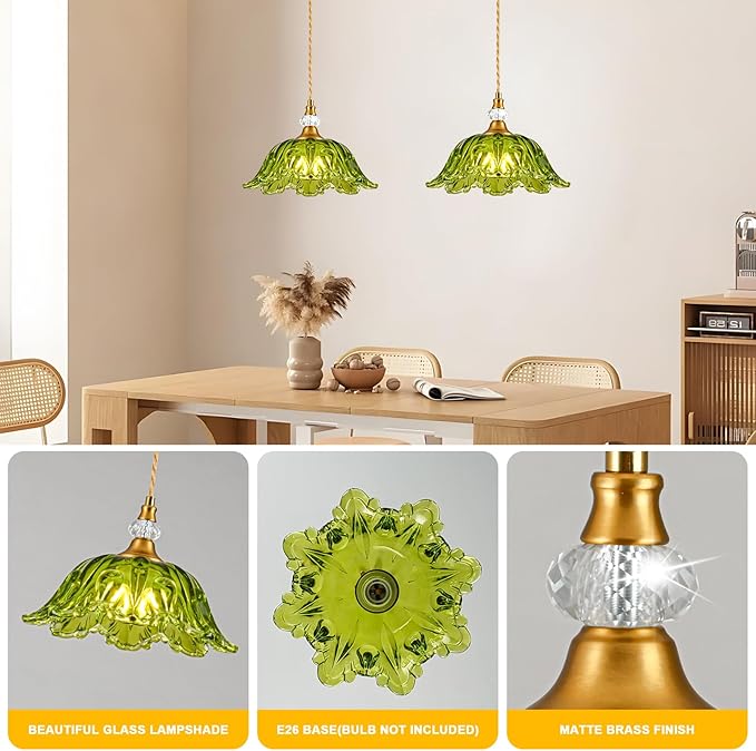 1 Piece Vintage Chandelier Light Fixtures with Green Glass Shade, Matte Antique Brass Finish Pendant Light Kitchen Island, Adjustable Hanging Light for Dining Room, Hallway, Living Room, Bedroom