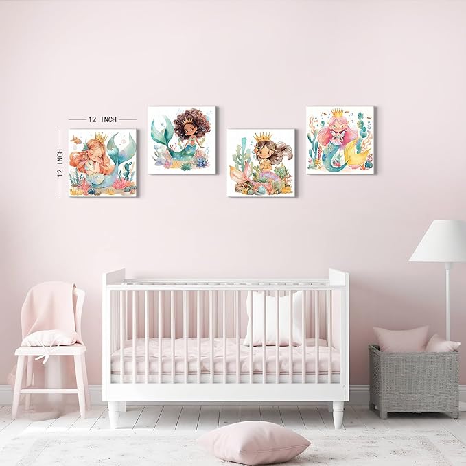 Nursery Room Mermaid Wall Art Girls Bathroom Mermaid Princess Pictures Girly Bedroom Decor Cute Succulent Underwater World Ocean Life Painting Canvas Print Baby Kids Playroom Home Decoration 12×12" 4P