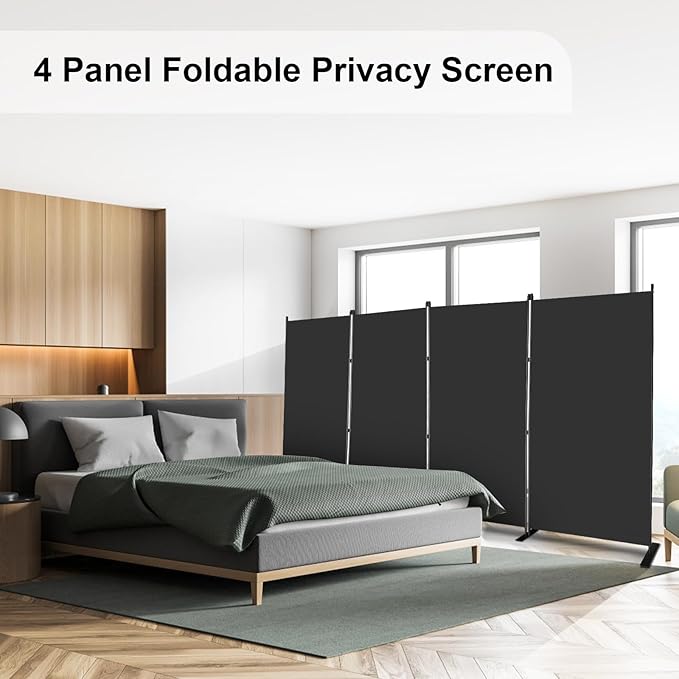 MAYOLIAH 4 Panel Room Divider 6ft Tall Freestanding Privacy Screen 136'' W Portable Office Partition w/Flat Base, Black