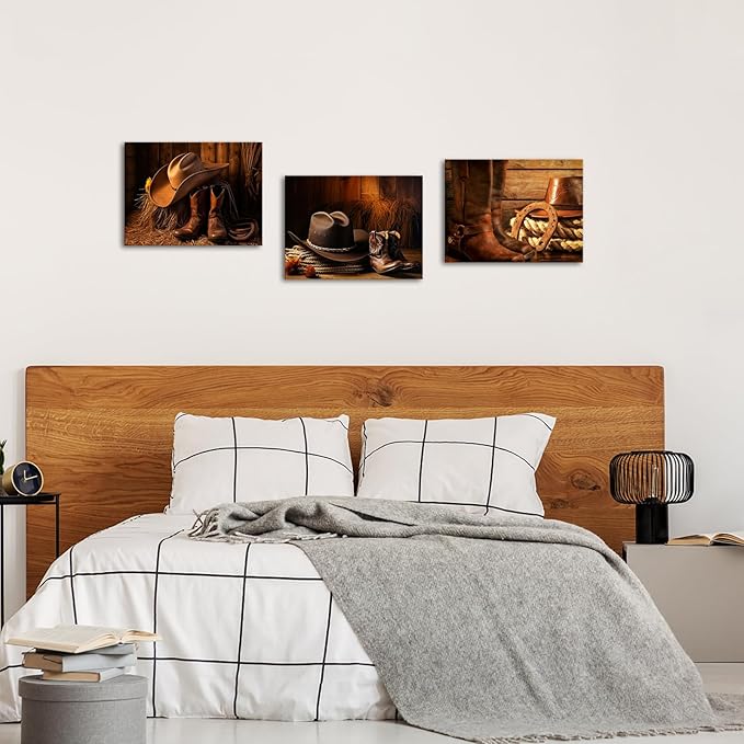 LyerArtork 3 Pieces Western Cowboy Decor Canvas Wall Art Straw Hat Boot Roper Vintage Pictures Brown Prints West Farmhouse Artwork Wall Decor for Living Room Bedroom 12"x16"x3pcs