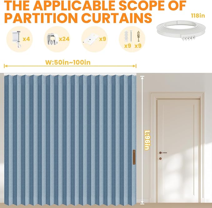 100% Blackout Privacy Room Divider Curtains Thermal Blackout Curtain for Patio Door, Include Ceiling Curtain Track, Bedroom Partition and Shared Office Space(Blue, W100 x L96, 1 Pack)