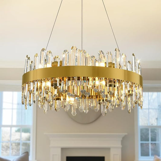 Modern Crystal Chandelier, 24in K9 Crystal Chandeliers for Dining Room, 12 Lights 2 Tier Dimmable Round Gold Chandelier, Adjustable Modern Chandeliers for Living Room, Bedroom, Bathroom, Kitchen Foyer