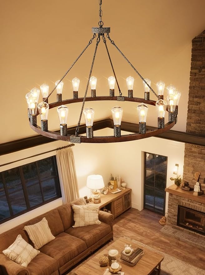 Large Wagon Wheel Chandelier, 40 Inch Farmhouse Chandeliers Rustic Wood, 20-Light Round Vintage Wooden Chandelier for Dining Room, Living Room, Entryway, Kitchen