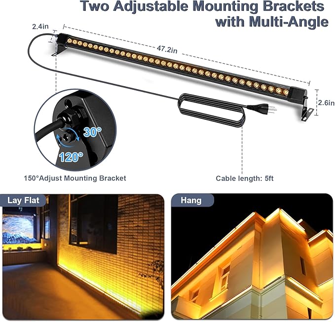 72W Outdoor Wall Washer Light, 4FT 2700K Warm White LED Wall Washer Lights, 120V IP67 Waterproof LED Light Bar for Outdoor, Plug-in (2 Pack)