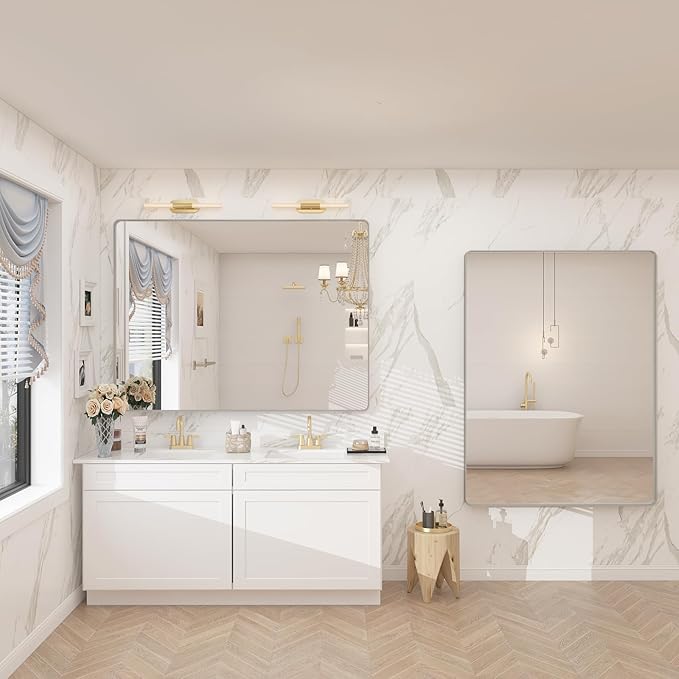 60x40 Inch Brushed Nickel Bathroom Mirror, Silver Bathroom Mirrors for Vanity, Rectangle Silver Metal Frame Bathroom Mirror for Wall, Shatterproof, Hangs Horizontally or Vertically