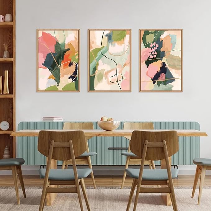 Colorful Abstract Framed Canvas Wall Art Set,Modern Multicolor Pastel Minimalist Line Wall Decor,Boho Green and Pink Painting for Living Room,Bedroom-24 x36 x3