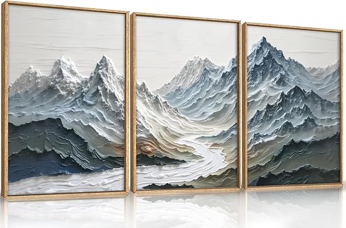 Large Snow Mountain River Framed Canvas Wall Art Set,Modern Abstract Nature Landscape Wall Decor,Neutral Blue and White Ridge Scenery Artwork for Living Room,Bedroom,Office-16 x24 x3