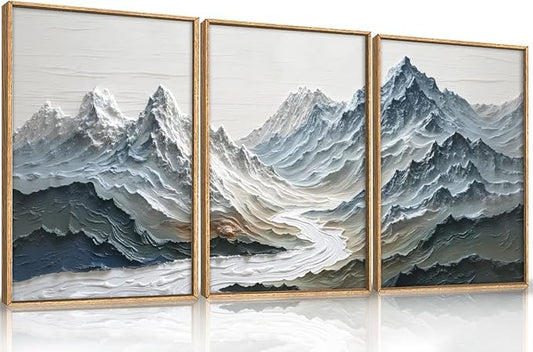 Large Snow Mountain River Framed Canvas Wall Art Set,Modern Abstract Nature Landscape Wall Decor,Neutral Blue and White Ridge Scenery Artwork for Living Room,Bedroom,Office-16 x24 x3