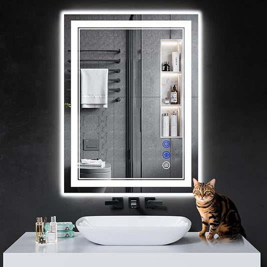32"x24" LED Bathroom Mirror with Anti-Fog, Stepless Dimmable Lights, 3 Color Modes, Shatter-Proof Tempered Glass, Memory Function & Waterproof Design