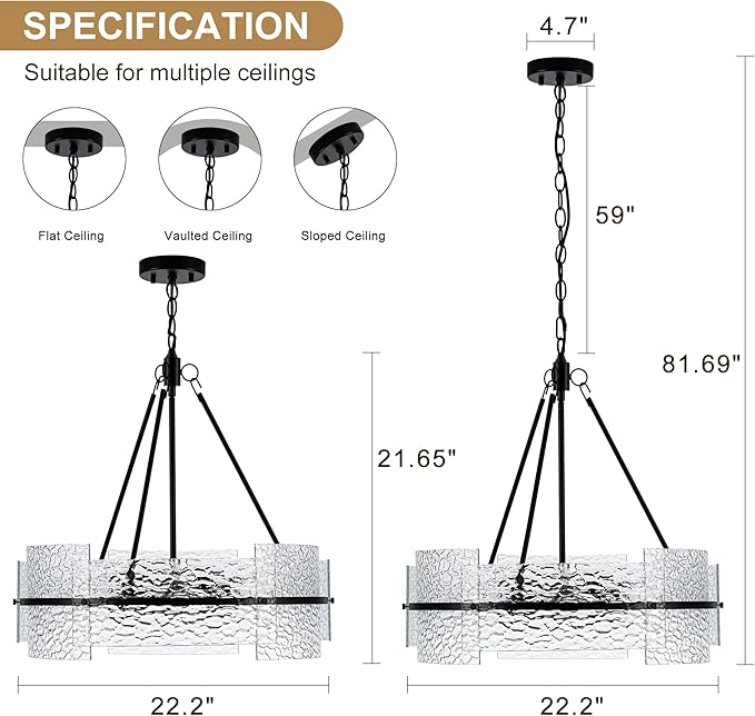 MAYNA Modern Dining Room Chandelier 22.2” Black Textured Glass Chandelier Luxury Drum Crystal Light Fixture Farmhouse Round Hanging Lighting for Dining Room Kitchen Island Living Room Hallway Bedroom