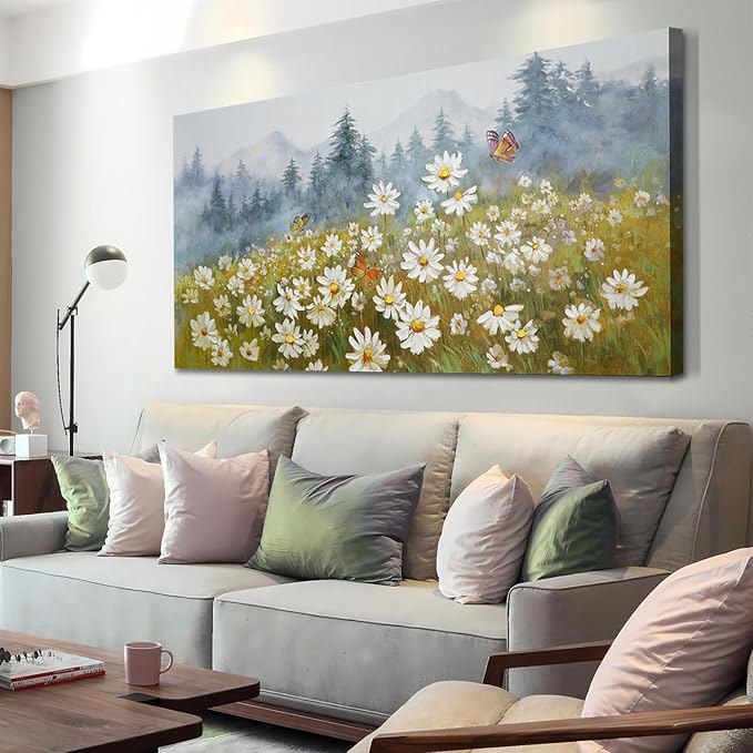 Arjun Flower Wall Art Daisy Painting Textured Paintings, Canvas Art Wall Decor, Large Wall Art for Bedroom, Daisy Art Large Paintings for Living Room Home Office Dining Room 40"x20"