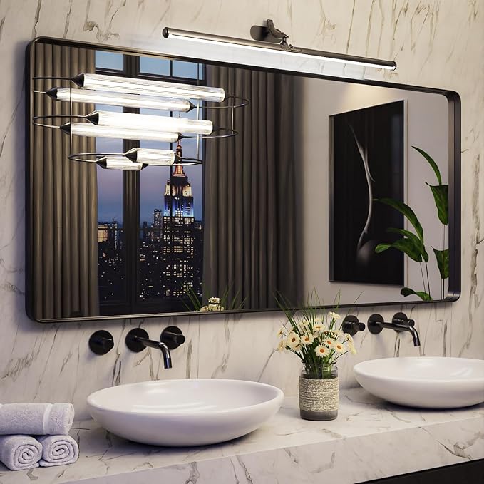 Large Bathroom Mirror for Wall, 60x30 Inch Matte Black Framed Bathroom Vanity Mirror for Farmhouse Living Room Bedroom, Anti-Rust, Tempered Glass, Rounded Corner, Horizontal/Vertical