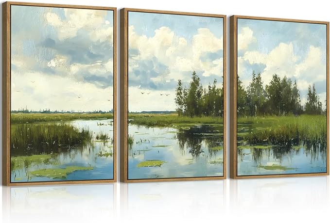BINCUE Framed Green Nature Wall Art Lake Scenery Wall Decor Landscape Art Print for Living Room Bedroom Office 16 x24 Inches Set of 3
