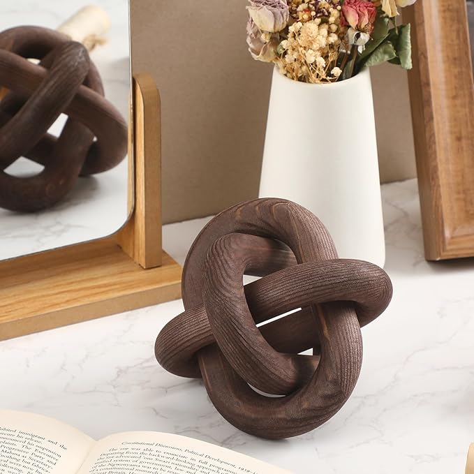 3 Link Wood Knot Decor - Hand Carved Coffee Table Decoration, Boho Chain Link Decor, Modern Shelf, Rustic Objects for Home Living Room Bedroom(Black Walnut)