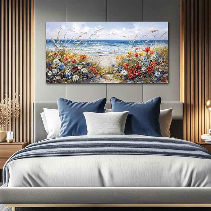 MHARTK66 Large Canvas Wall Art Flowers Farmhouse Bedroom Wall Painting Wall Decor For Living Room Office Blue Watercolor Print Nature Artwork For Walls Ocean Poster Modern Home Decorations 24x48