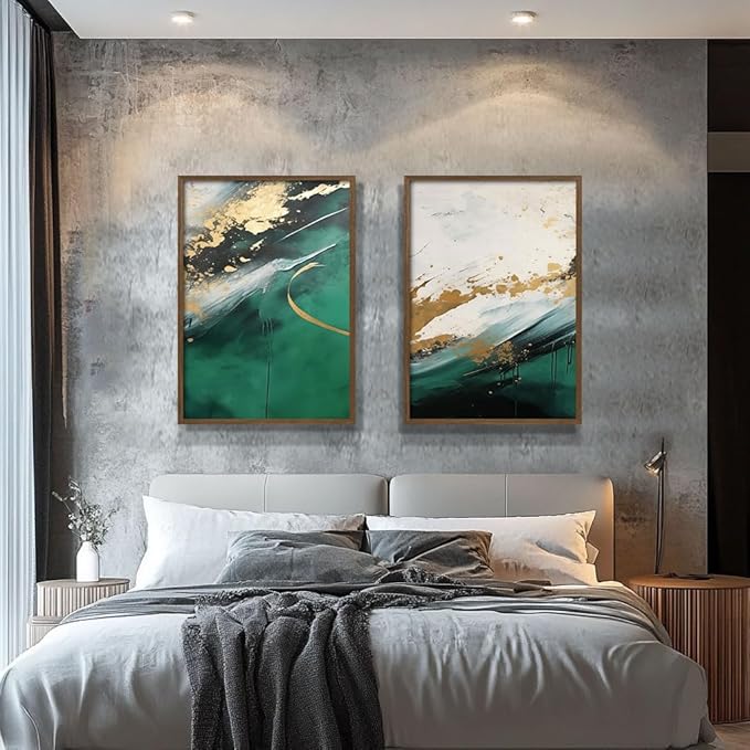 2pcs Wood Framed Green Abstract Canvas Wall Art - Abstract Green Gold Fluid Artwork - Modern Green Gold Abstract Prints Posters - Living Room Bedroom Decorative Paintings Gallery Style Wall Hanging Pictures