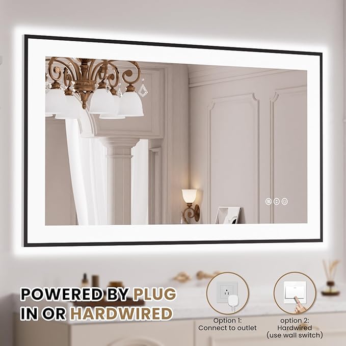 LOAAO 40"X24" LED Bathroom Mirror Black Framed, Anti-Fog, Dimmable, Lighted Bathroom Vanity Mirror for Wall, Memory Function, Tempered Glass