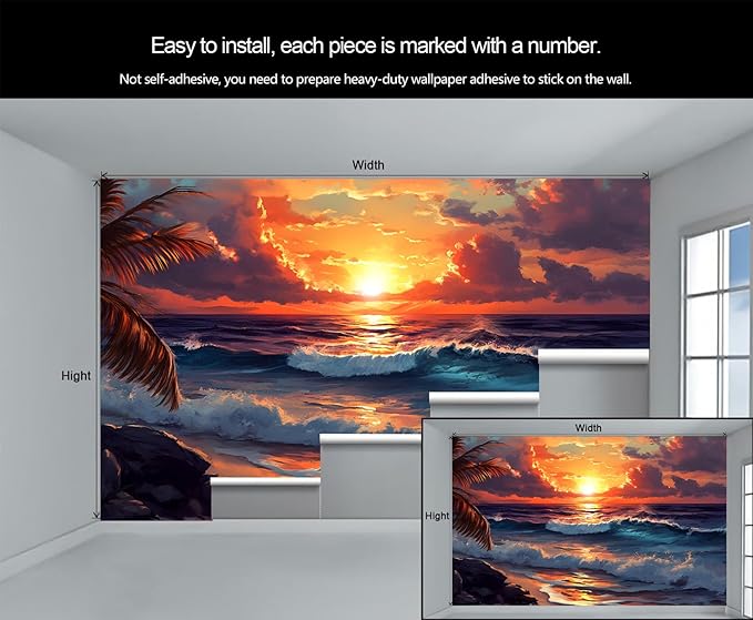 Coastal Mural Wallpaper, Ocean Sunset Murals, Cartoon Palm Trees Murals Wallpaper for Living Room Bedroom Home Decor Mural - 137.8" W x 108" H (Not Peel Stick)