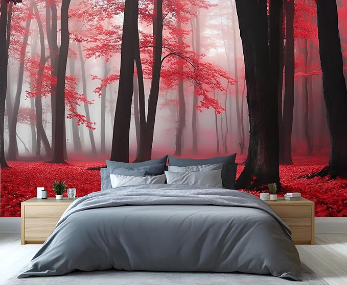 Misty Forest Mural Wallpaper, Red Forest Murals, 3D Natural Landscape Murals Wallpaper for Living Room Bedroom Home Decor Mural - 137.8" W x 114" H (Not Peel Stick)