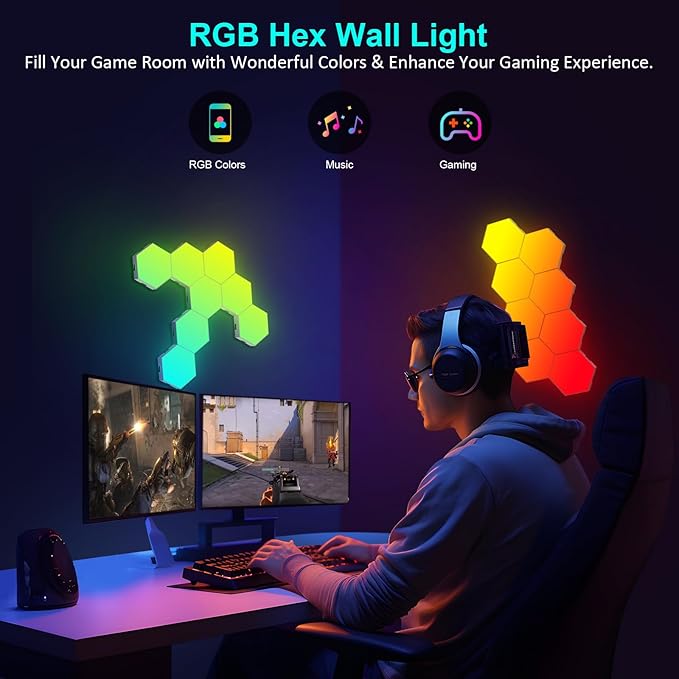 20-Pack Hexagon Light Panels – Smart RGB LED Wall Lights with App & Remote – Music Sync Gaming Lights for Gamers, Game Room Decor, Gaming Equipment, Living Room, Bedroom, Kids & Adults