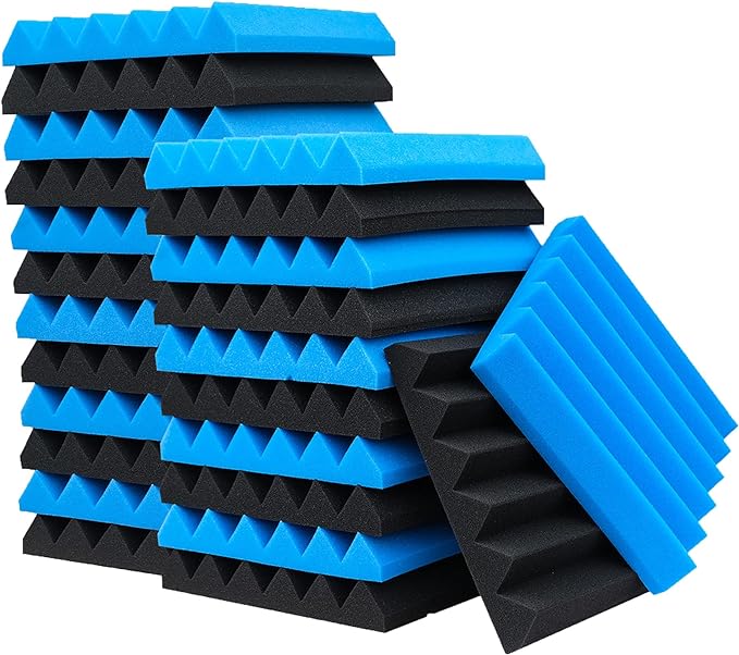 24 Pack Acoustic Foam Panels,2" x 12" x 12"Fireproof Soundproof Foam Sound Absorbing Noise Cancelling Panels for Recording Studios, Home, Offices Walls Ceiling（12 Blue+12 Black）