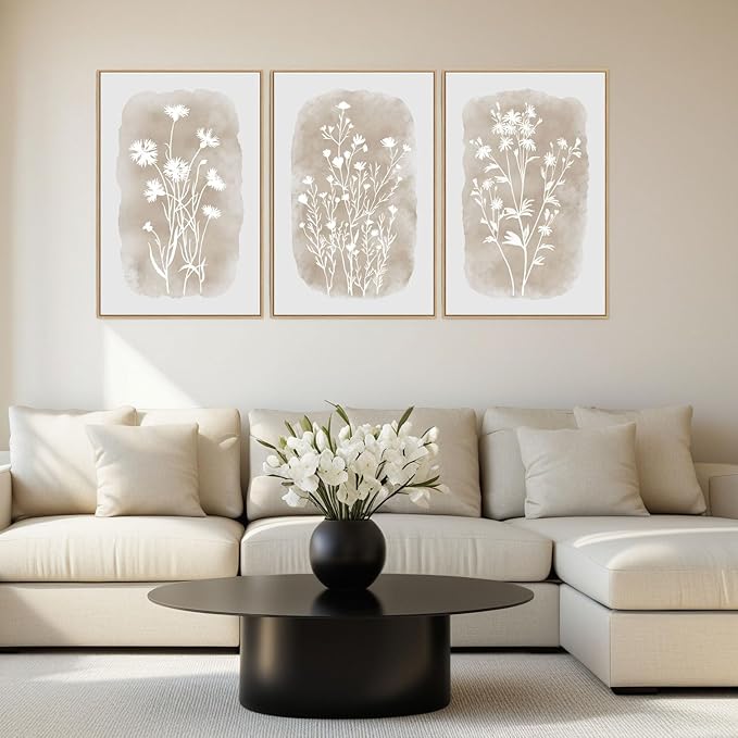 Neutral Wildflower Framed Wall Art Boho Botanical Vintage Minimalist Floral Canvas Farmhouse Wall Decor Beige Prints for Living Room Bedroom Office, 3 Panels, 16x24 Inch