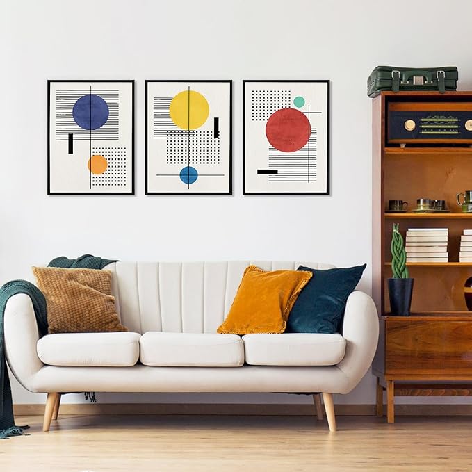 LHIUEM Mid-Century Modern Geometric Wall Art Framed Minimalist Large Painting Set of 3(12”X16”) Boho Black Framed Wall Decor Beige Bohemian Line Art Prints for Living Room Bedroom Gallery
