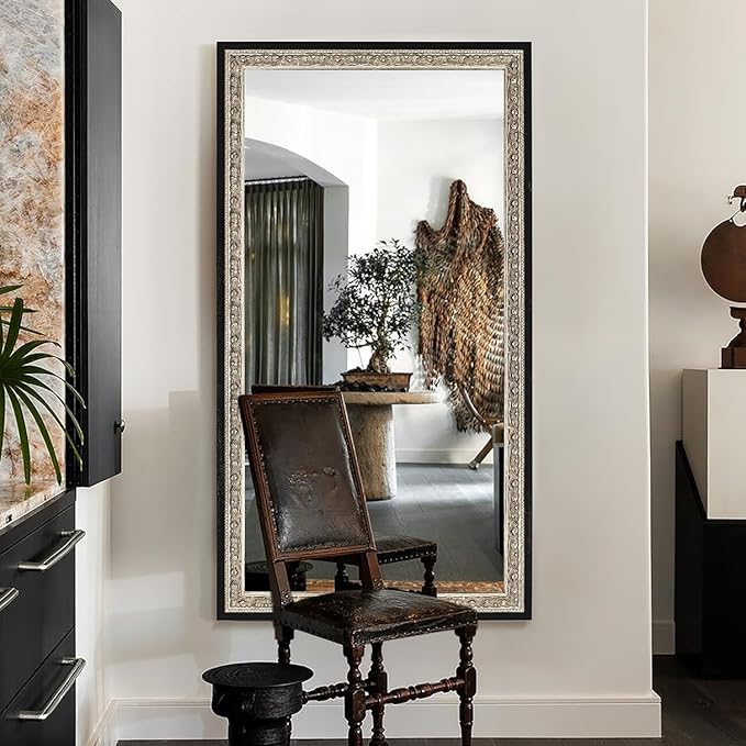 Black Large Vintage Wall Mirror Decor, 51.5"x28" Ornate Decorative Mirror with Silver Foil Carvings Wooden Frame, Handmade Aging, for Dining Room, Fireplace, Bathroom and Bedroom