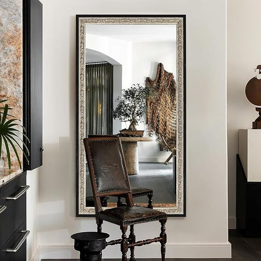 Black Large Vintage Wall Mirror Decor, 51.5"x28" Ornate Decorative Mirror with Silver Foil Carvings Wooden Frame, Handmade Aging, for Dining Room, Fireplace, Bathroom and Bedroom