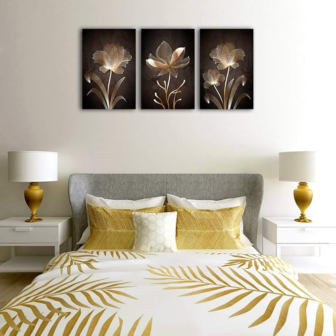 arteWOODS Abstract Wall Art Golden Flowers Canvas Pictures Contemporary Minimalism Abstract Artwork for Bedroom Bathroom Living Room Wall Decor 16" x 24" x 3 Pieces