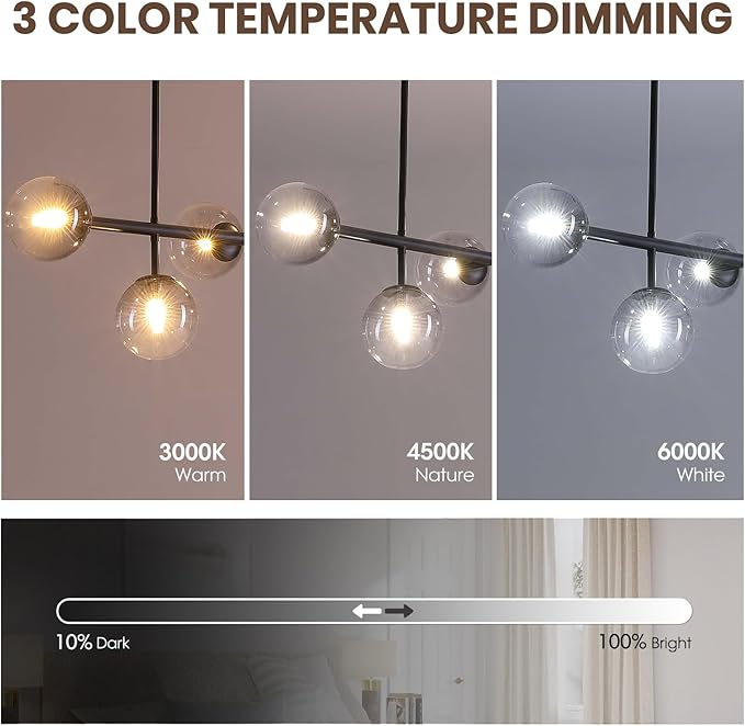 6 Lights Mid Century Modern Globe Chandelier, Black Linear Sputnik Chandelier with Glass Pendant Lights for Dining Room, Kitchen Island, and Living Room (Smoke Gray Glass)