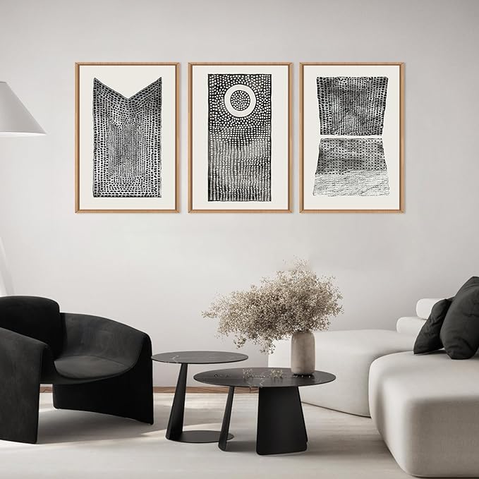 Abstract Dot Pattern Framed Canvas Wall Art Set,Minimalist Black and White Wall Decor,Neutral Geometric Print,Modern Circle Boho Mid Century Artwork for Living Room,Bedroom-16 x24 x3