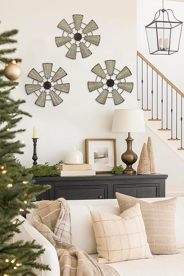 Briful 12" Wall Décor Pack of 3 Metal White & Black Windmill Radial Plate Wall Art Modern Accent Hanging Wall Decorations For Home Office Living Room Wall Sculptures
