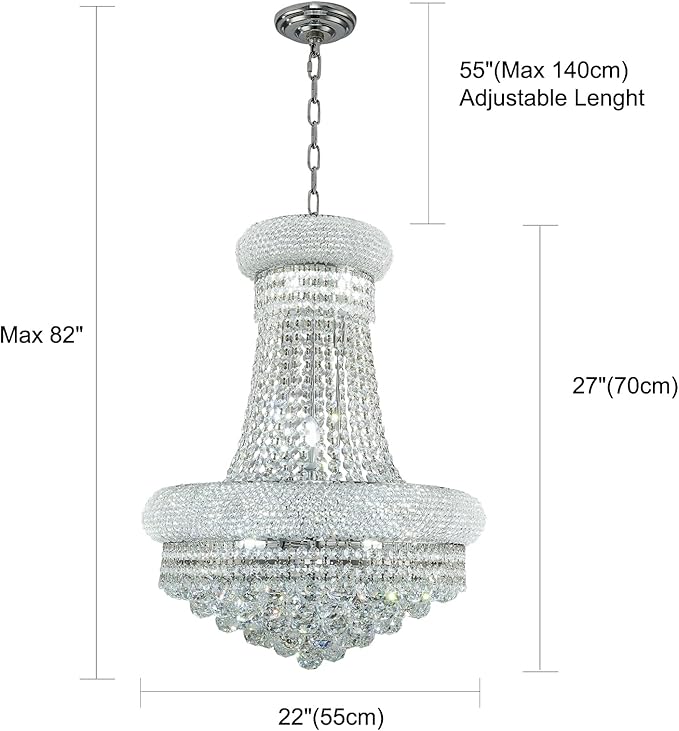 12 Lights Chrome Finish Empire Crystal Chandelier Lighting for Dining Room Living Room Foyer Hallway Bedroom Entryway (Dia 22'')