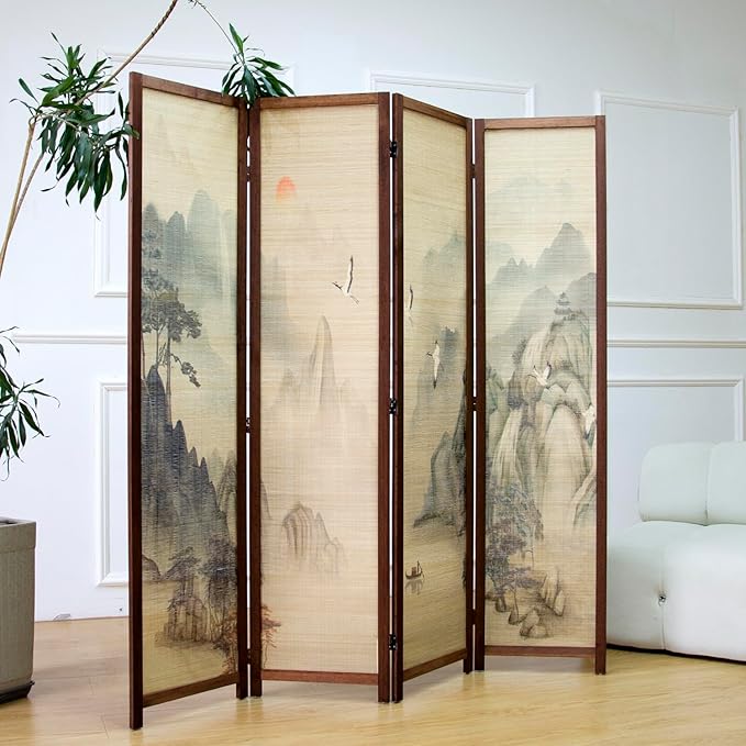 4 Panel Room Divider Screen and Folding Panel Screen,Double Sided Bamboo Divider for Room Separation,Mountains and Waters Landscape,67" H x 63" W
