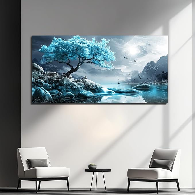KELIYUAN Canvas Wall Art For Living Room Bedroom Wall Decor Black And White Landscape Pictures Blue Tree Wall Painting Modern Home Decoration For Room Office Works Framed Canvas Art Prints 20x40in