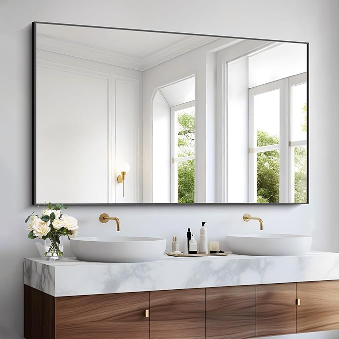 Bathroom Black Mirror, 36x55in Black Rectangle Mirror with Thin Metal Frame, Large Rectangular Wall Mirror for Bathroom, Living Room, Hair Salon, Big Farmhouse Mirror Hang Horizontal/Vertical