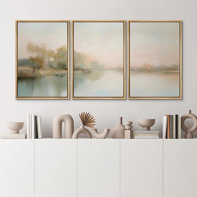 MUDECOR Framed Wall Art Print Set Soft Pastel Landscape Serene Waters and Reflections Illustrations Modern Art Boho Decorative Colorful Chic for Living Room, Bedroom, Office - 16"x24"x3 Natural