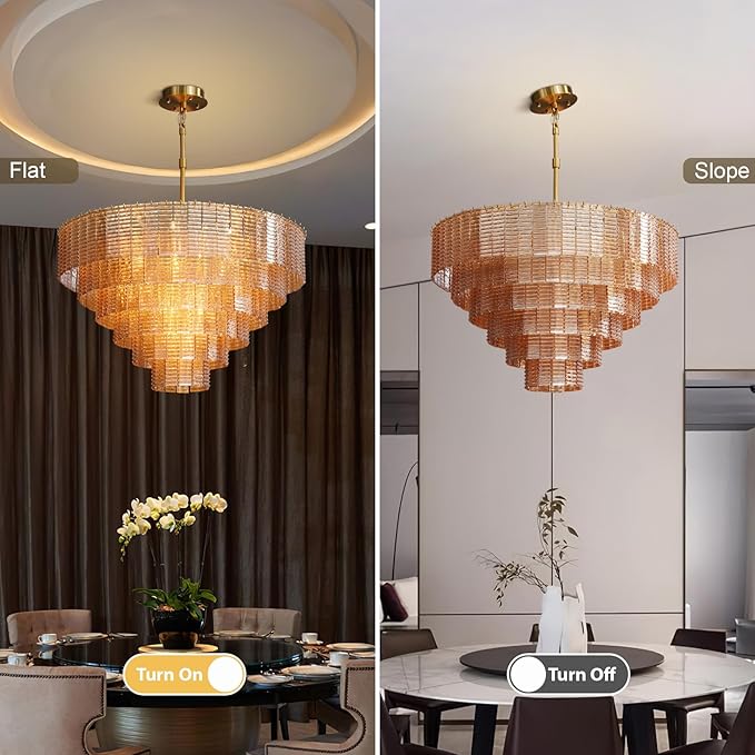 41" Large Chandelier, 18-Light Gold Chandelier for Ding Room, Tiered Amber Round Drum Chandeliers, Crystal Glass Kitchen Island Hanging Light Fixture for Living Room, Foyer, Entryway & Bedroom
